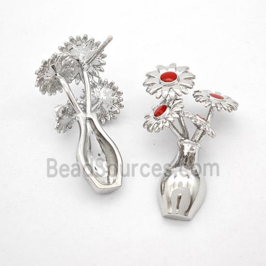 Copper Flower Stud Earrings Red Enamel Plant Platinum Plated