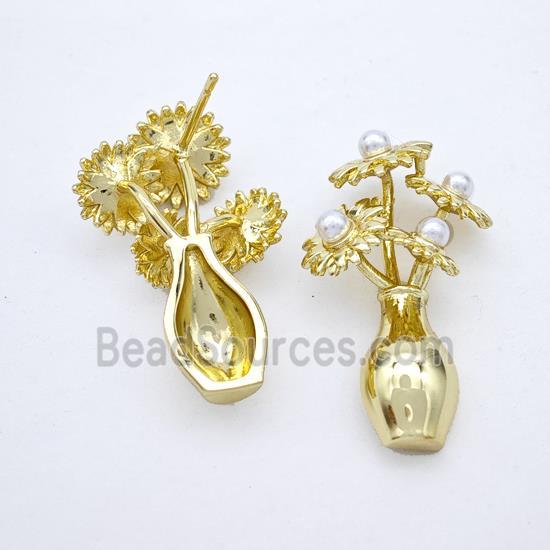 Copper Flower Stud Earrings Pave Pearlized Resin Plant Gold Plated