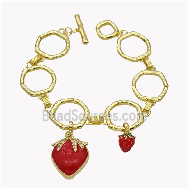 Copper Bracelet With Strawberry Red Enamel Gold Plated