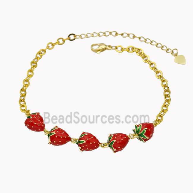 Copper Strawberry Bracelet Red Enamel Gold Plated