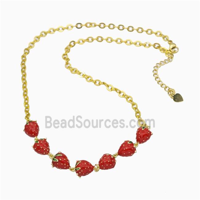 Copper Strawberry Necklace Red Enamel Gold Plated