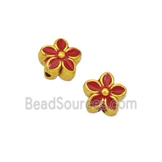 Copper Flower Beads Red Painted Gold Plated