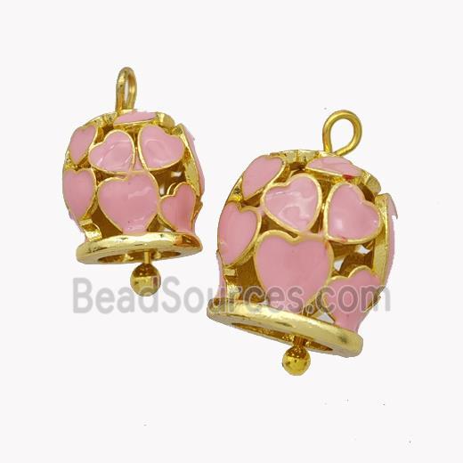 Copper Bell Pendant Pink Enamel Heart Gold Plated