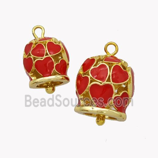 Copper Bell Pendant Red Enamel Heart Gold Plated