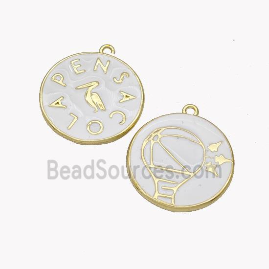 Copper Coin Pendant Crane Pensacola White Enamel Gold Plated