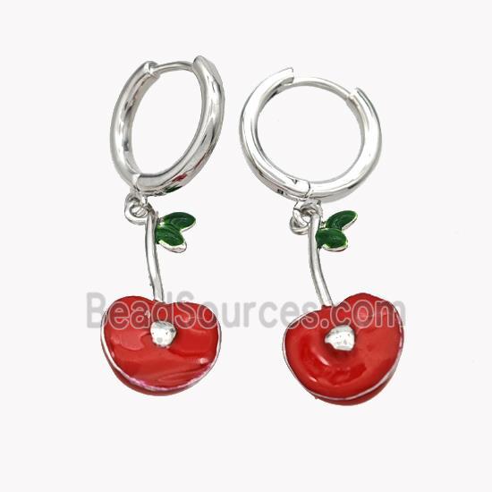 Copper Cherry Hoop Earrings Red Enamel Platinum Plated