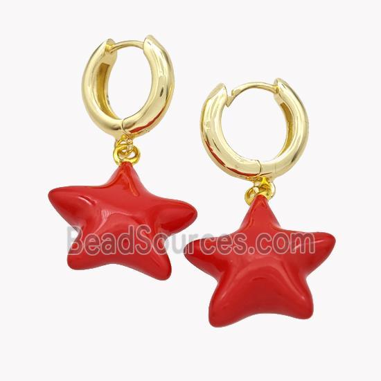 Copper Star Hoop Earrings Red Enamel Gold Plated