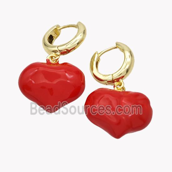 Copper Heart Hoop Earrings Red Enamel Gold Plated