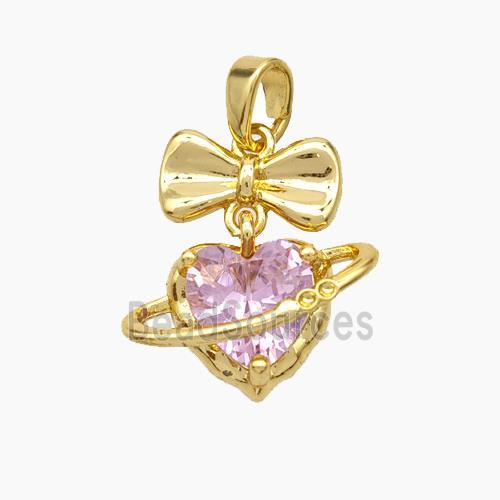 Copper Bow Heart Pendant Pave Pink Crystal Glass Gold Plated