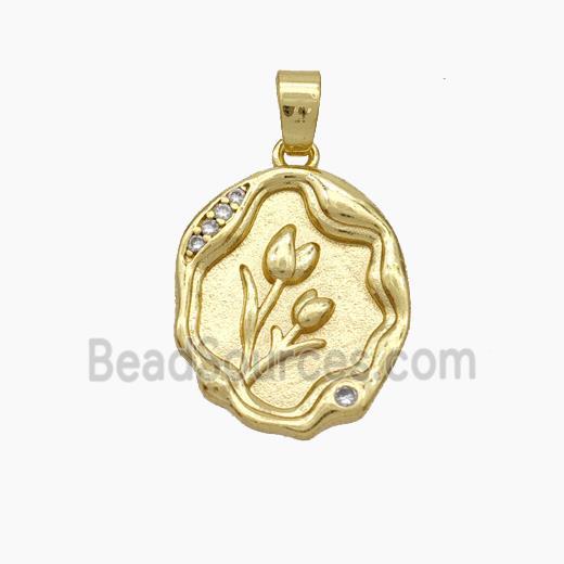 Copper Tulip Pendant Pave Zirconia Flower Gold Plated