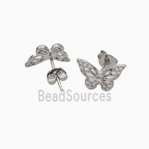 Copper Butterfly Stud Earrings Pave Zirconia Platinum Plated