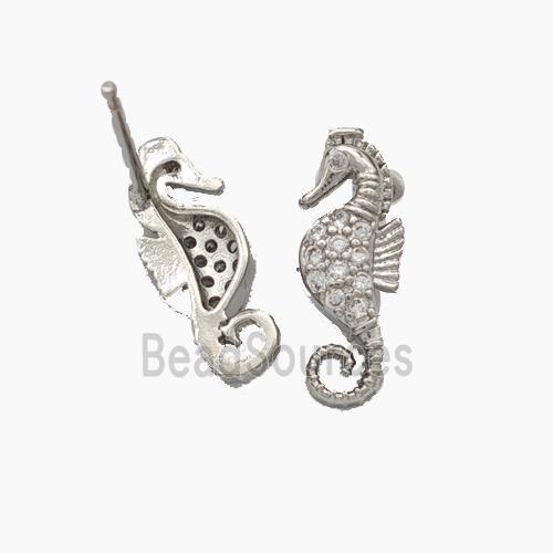 Copper Seahorse Stud Earrings Pave Zirconia Platinum Plated