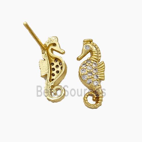 Copper Seahorse Stud Earrings Pave Zirconia Gold Plated