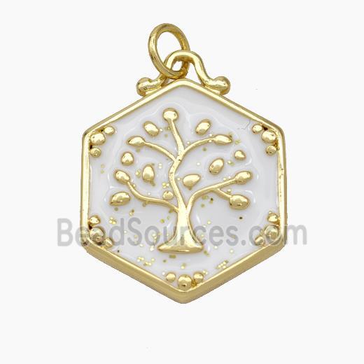 Copper Tree Pendant White Enamel Hexagon Gold Plated