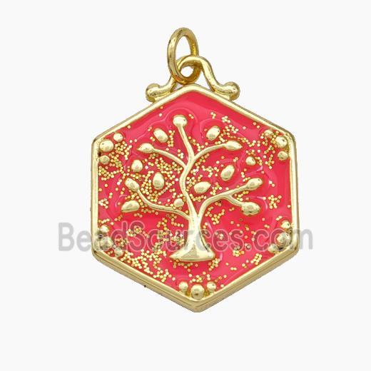 Copper Tree Pendant Red Enamel Hexagon Gold Plated