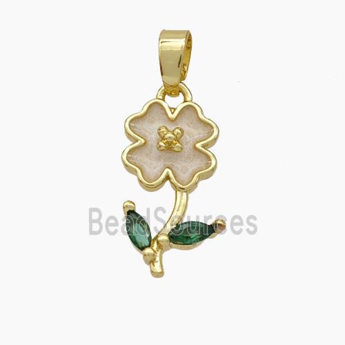 Copper Flower Pendant Pave Zirconia White Enamel Gold Plated