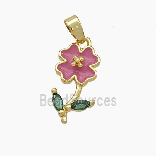 Copper Flower Pendant Pave Zirconia Pink Enamel Gold Plated