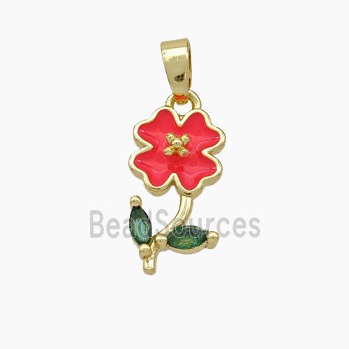 Copper Flower Pendant Pave Zirconia Red Enamel Gold Plated