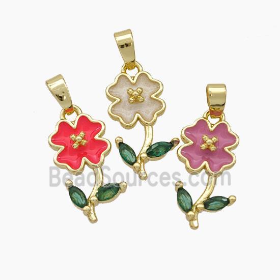 Copper Flower Pendant Pave Zirconia Enamel Gold Plated Mixed