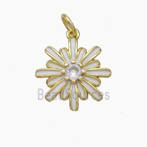 Copper Flower Pendant Pave Zirconia White Enamel Gold Plated