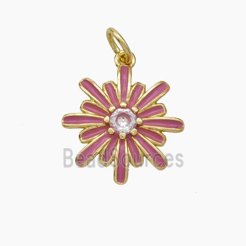 Copper Flower Pendant Pave Zirconia Pink Enamel Gold Plated