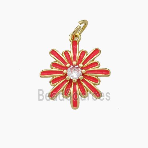 Copper Flower Pendant Pave Zirconia Red Enamel Gold Plated