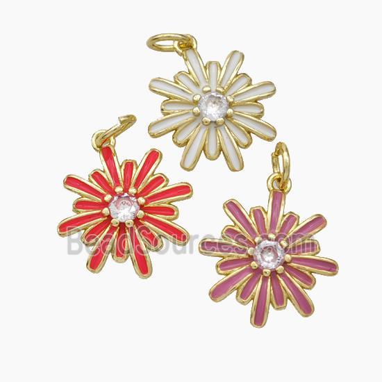 Copper Flower Pendant Pave Zirconia Enamel Gold Plated Mixed