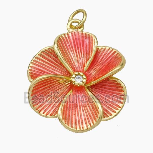 Copper Flower Pendant Lt.red Painted Gold Plated