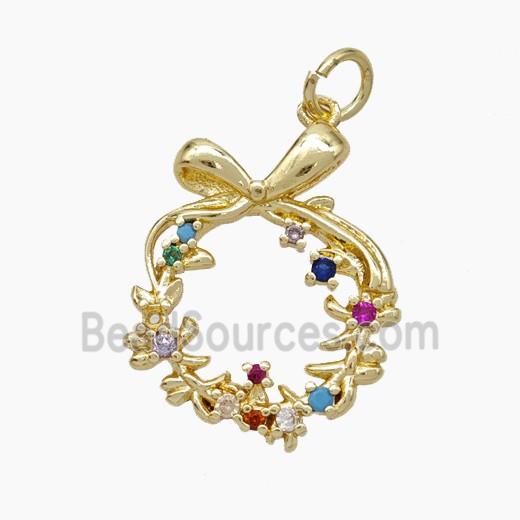 Christmas Wreath Charms Copper Pendant Pave Zirconia Gold Plated