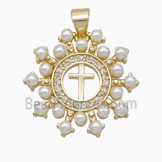 Copper Cross Pendant Pave Zirconia Pearlized Resin Gold Plated