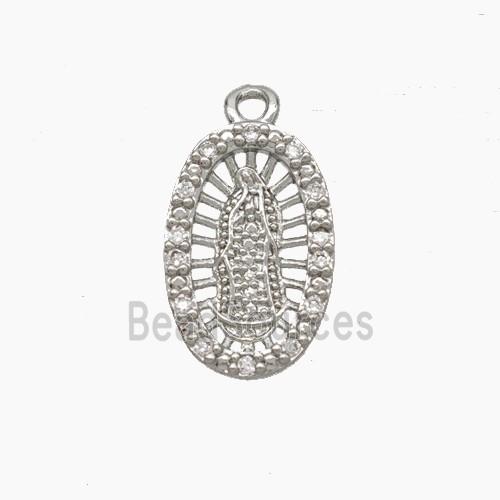 Virgin Mary Charms Copper Pendant Pave Zirconia Platinum Plated