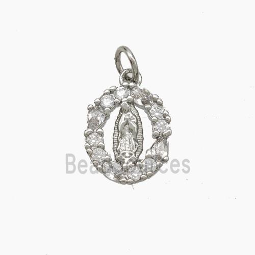 Virgin Mary Charms Copper Pendant Pave Zirconia Platinum Plated