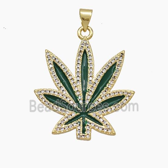 Copper Maple Leaf Pendant Pave Zirconia Green Enamel Gold Plated