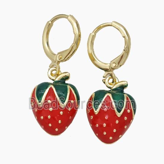 Copper Strawberry Hoop Earrings Red Enamel Gold Plated