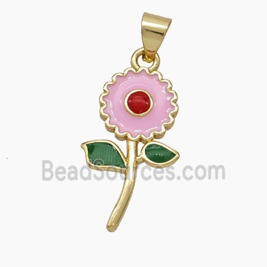 Copper Flower Pendant Pink Green Enamel Gold Plated