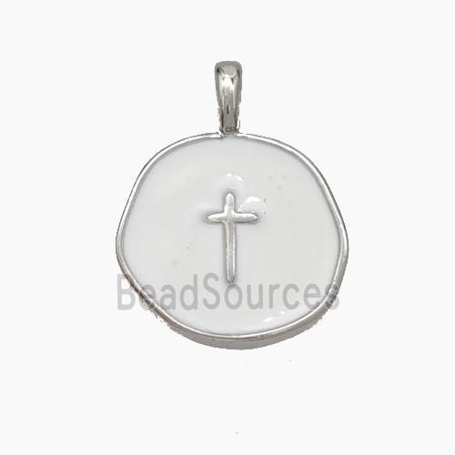 Copper Circle Cross Pendant White Enamel Platinum Plated
