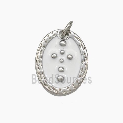 Copper Oval Pendant Cross White Enamel Platinum Plated