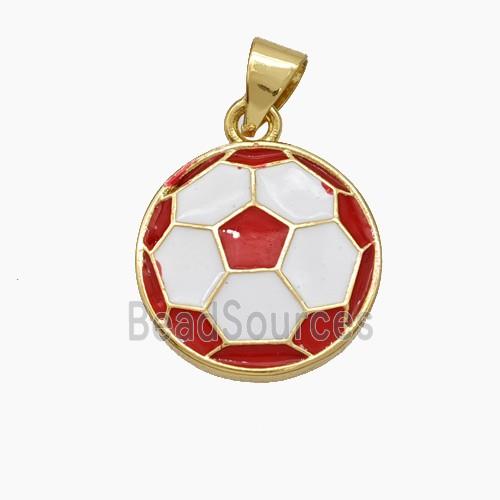Copper Football Pendant White Red Enamel Sports Flat Gold Plated