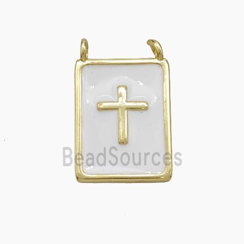 Copper Cross Rectangle Pendant White Enamel Gold Plated