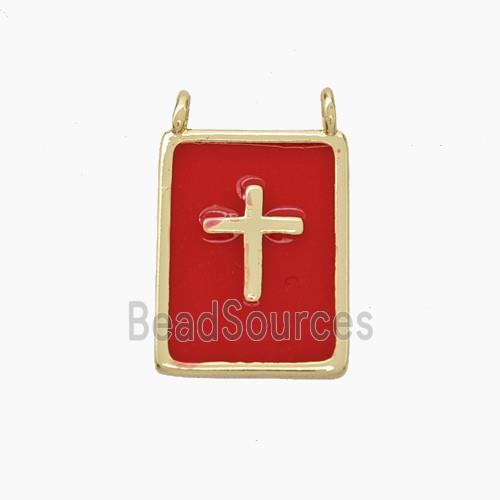 Copper Cross Rectangle Pendant Red Enamel Gold Plated