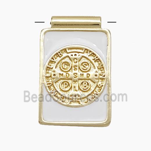 Copper Religious Medal Pendant CSPB Rectangle White Enamel Gold Plated