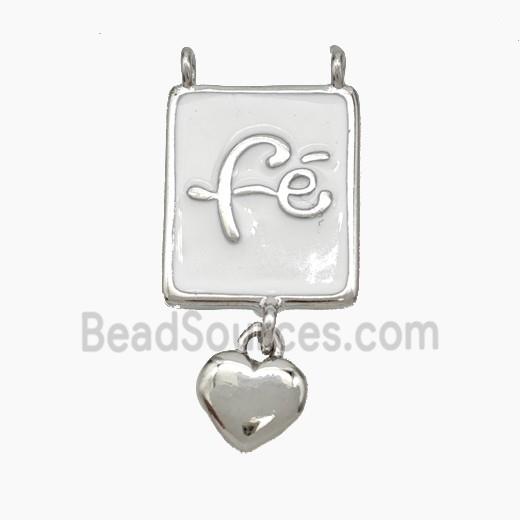 Copper Fe Rectangle Pendant White Enamel 2loops Heart Platinum Plated