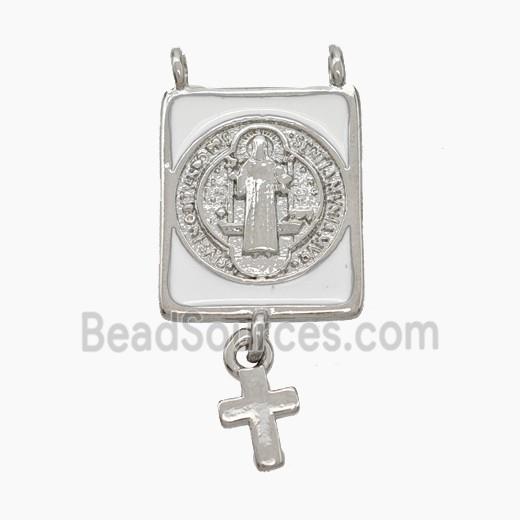 Copper Jesus Pendant White Enamel Rectangle Cross 2loops Platinum Plated