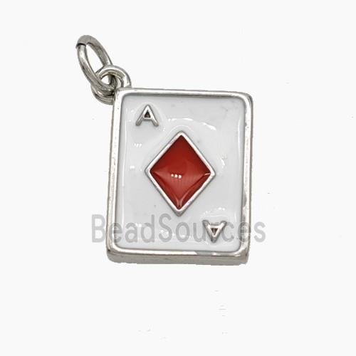 ACE of Diamonds Playing Card Copper Pendant White Red Enamel Platinum Plated