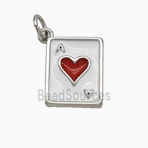 ACE of Heart Playing Card Copper Pendant White Red Enamel Platinum Plated