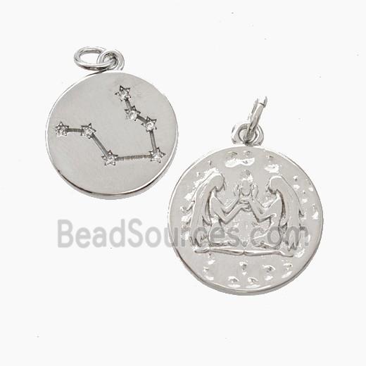 Copper Circle Pendant Pave Zirconia Zodiac Gemini Platinum Plated