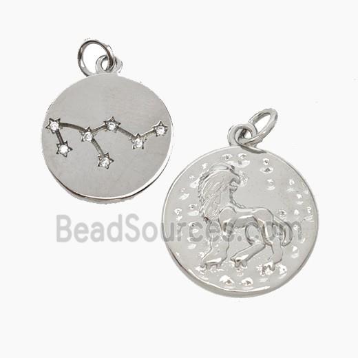 Copper Circle Pendant Pave Zirconia Zodiac Leo Platinum Plated