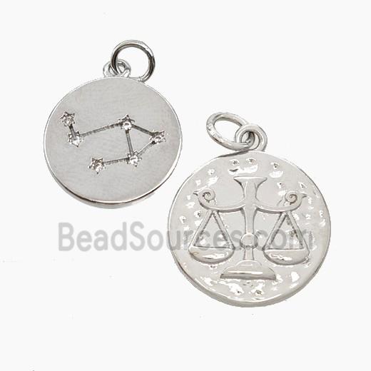 Copper Circle Pendant Pave Zirconia Zodiac Libra Platinum Plated