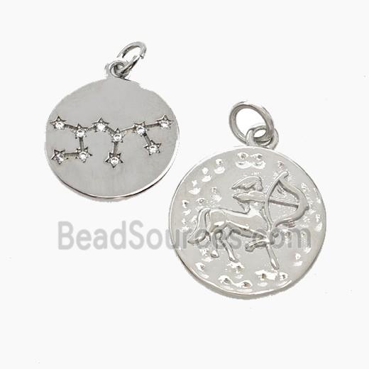 Copper Circle Pendant Pave Zirconia Zodiac Sagittarius Platinum Plated