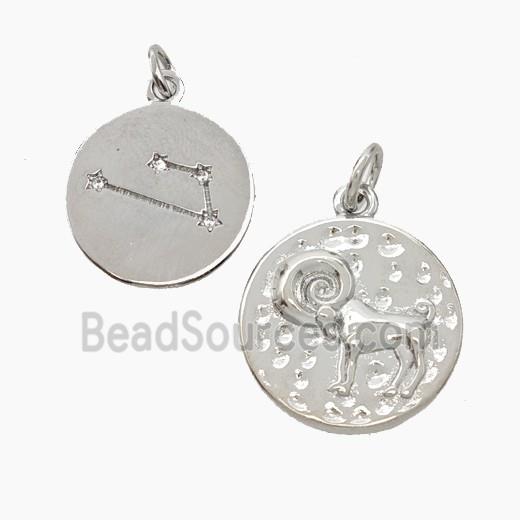 Copper Circle Pendant Pave Zirconia Zodiac Capricorn Platinum Plated